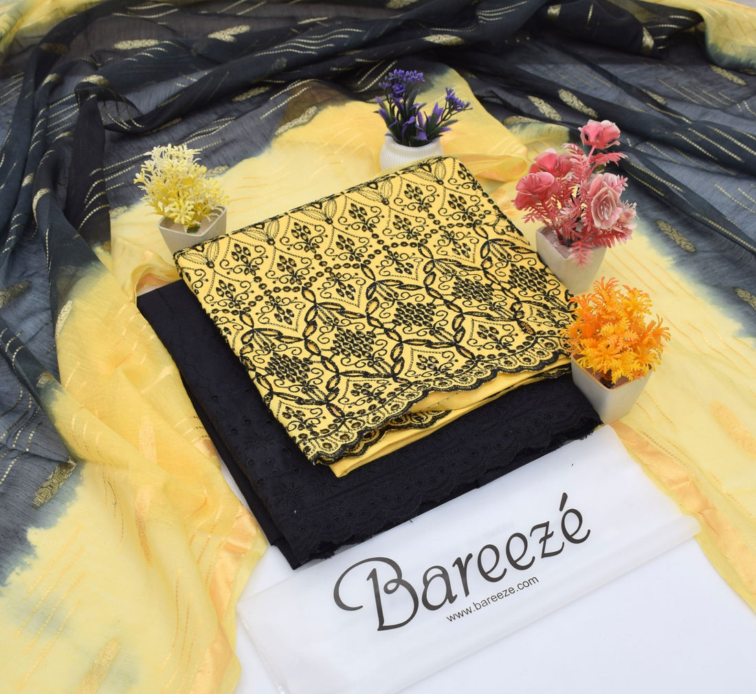 3PC Embroidery Doriya Cotton  Lawn WITH DIAMOND BAROSHA DUPATTA