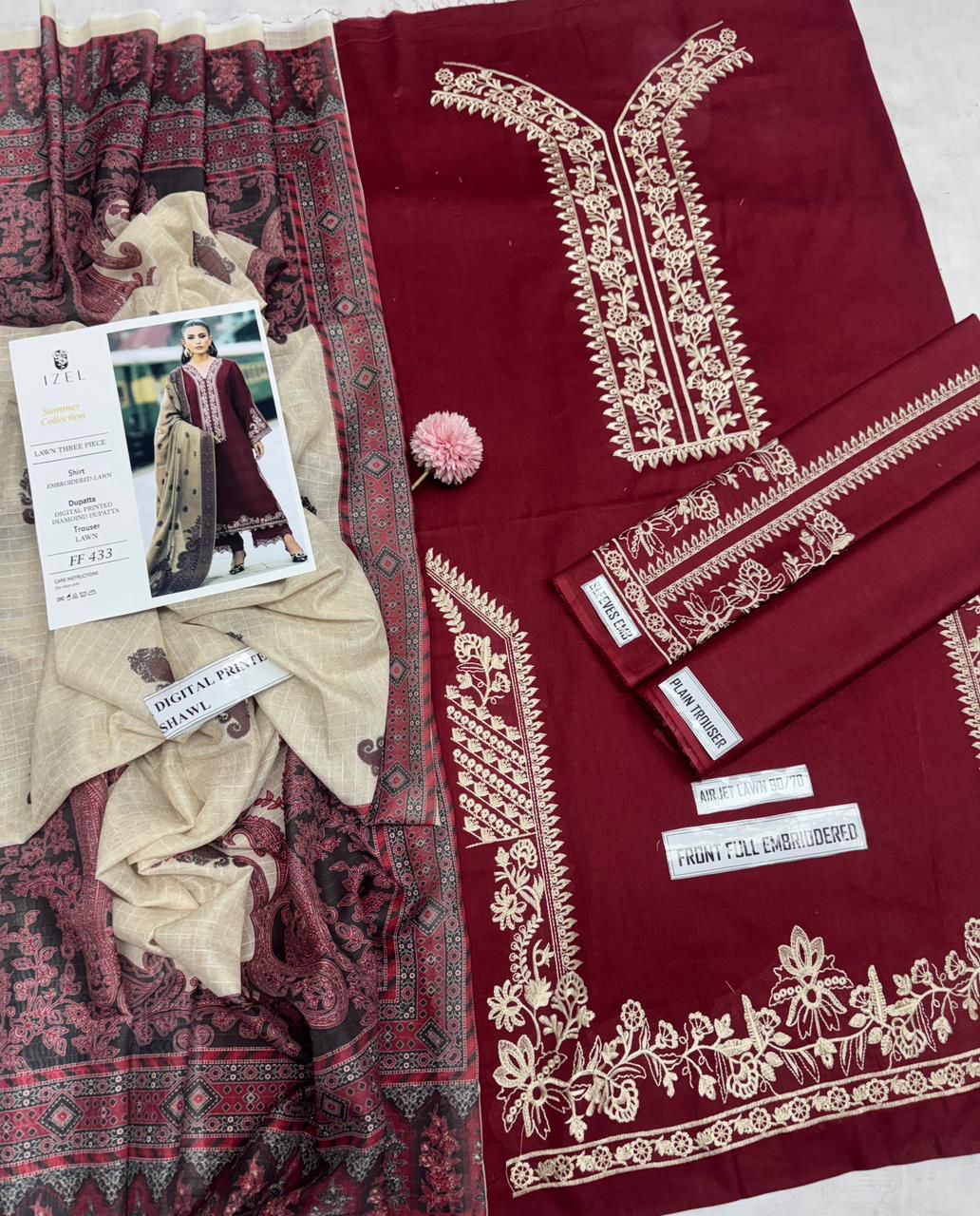 Best Quality Air Jet Lawn 90/70 Unstitched 3-Piece Suit | Heavy Embroidery & Swiss Voil Dupatta